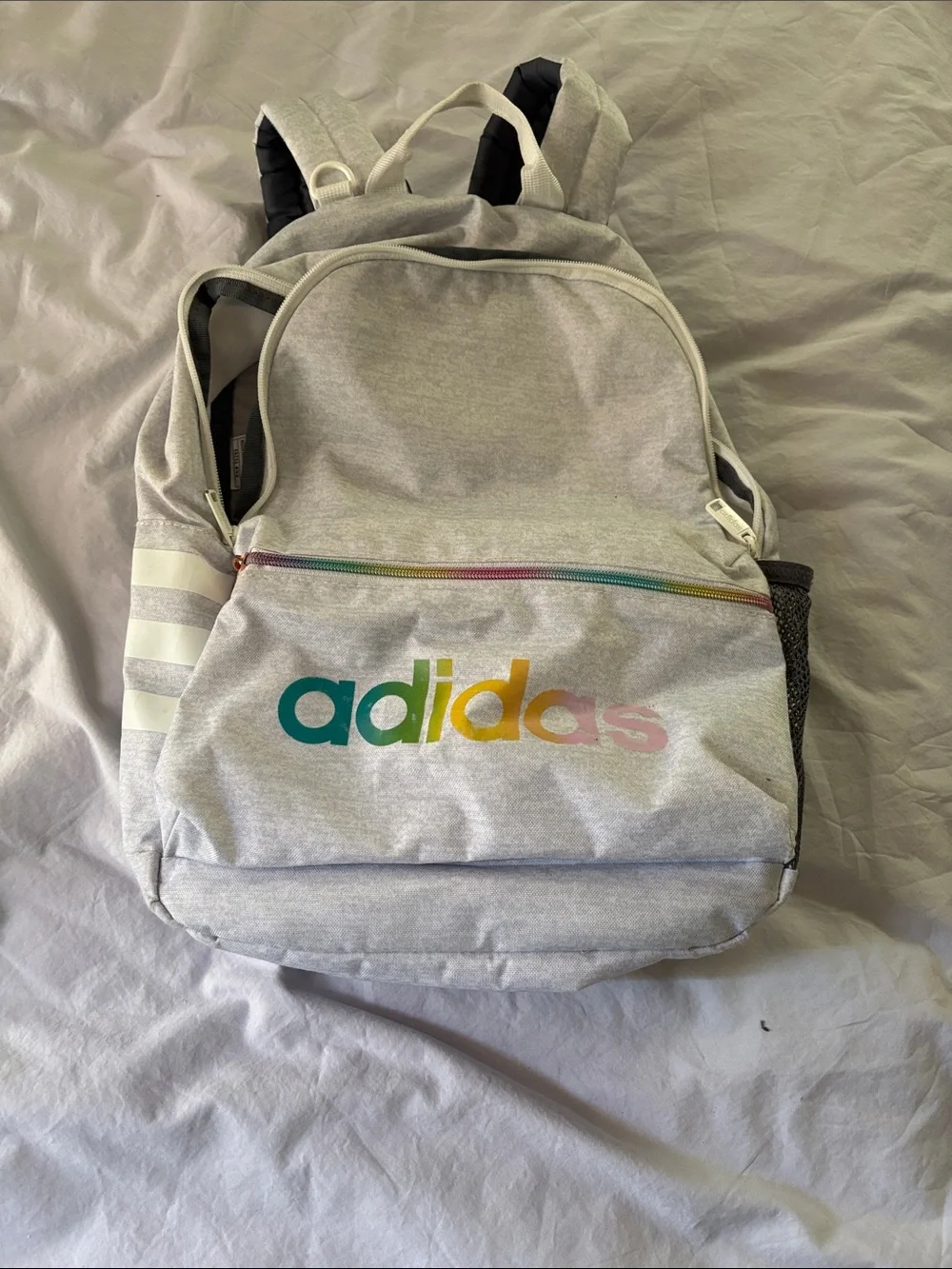 adidas Light Gray Backpack with Rainbow Logo and Zipper